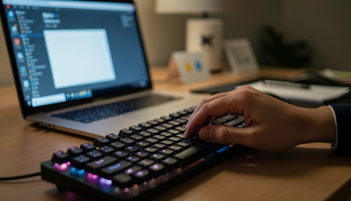 キーボードを操作する開発者の手元と光るノートパソコンの画面
