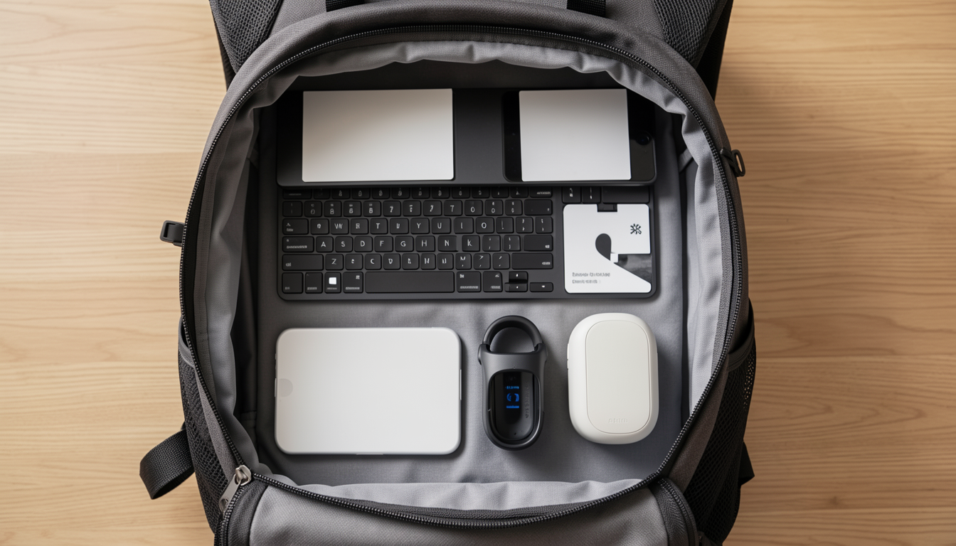カバンの中にスッキリと収まるモバイルキーボードとスマホのセット