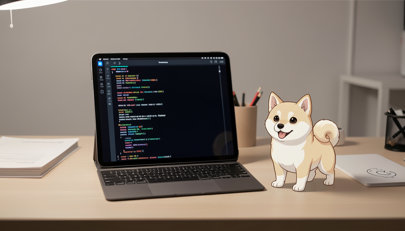 キーボード付きiPad Proでターミナル画面を表示しているデスクの様子