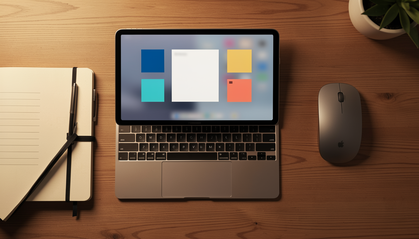 iPad、キーボード、マウスが並べられたミニマルなワークスペース