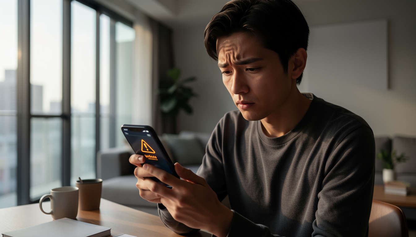 スマートフォンの警告画面を見て困惑する人物