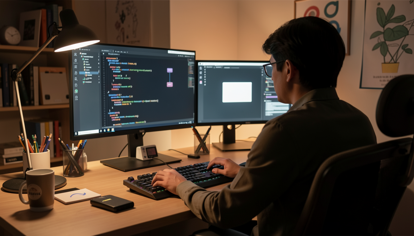 デュアルモニターでAIモデルのコードを記述するエンジニアのデスク環境。