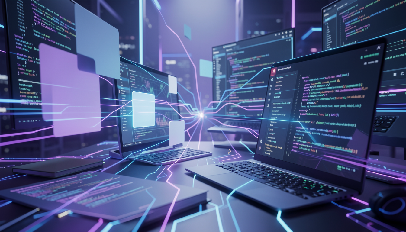 人間とAIの協調をテーマにした、コードと光が混ざり合う抽象的なイメージ