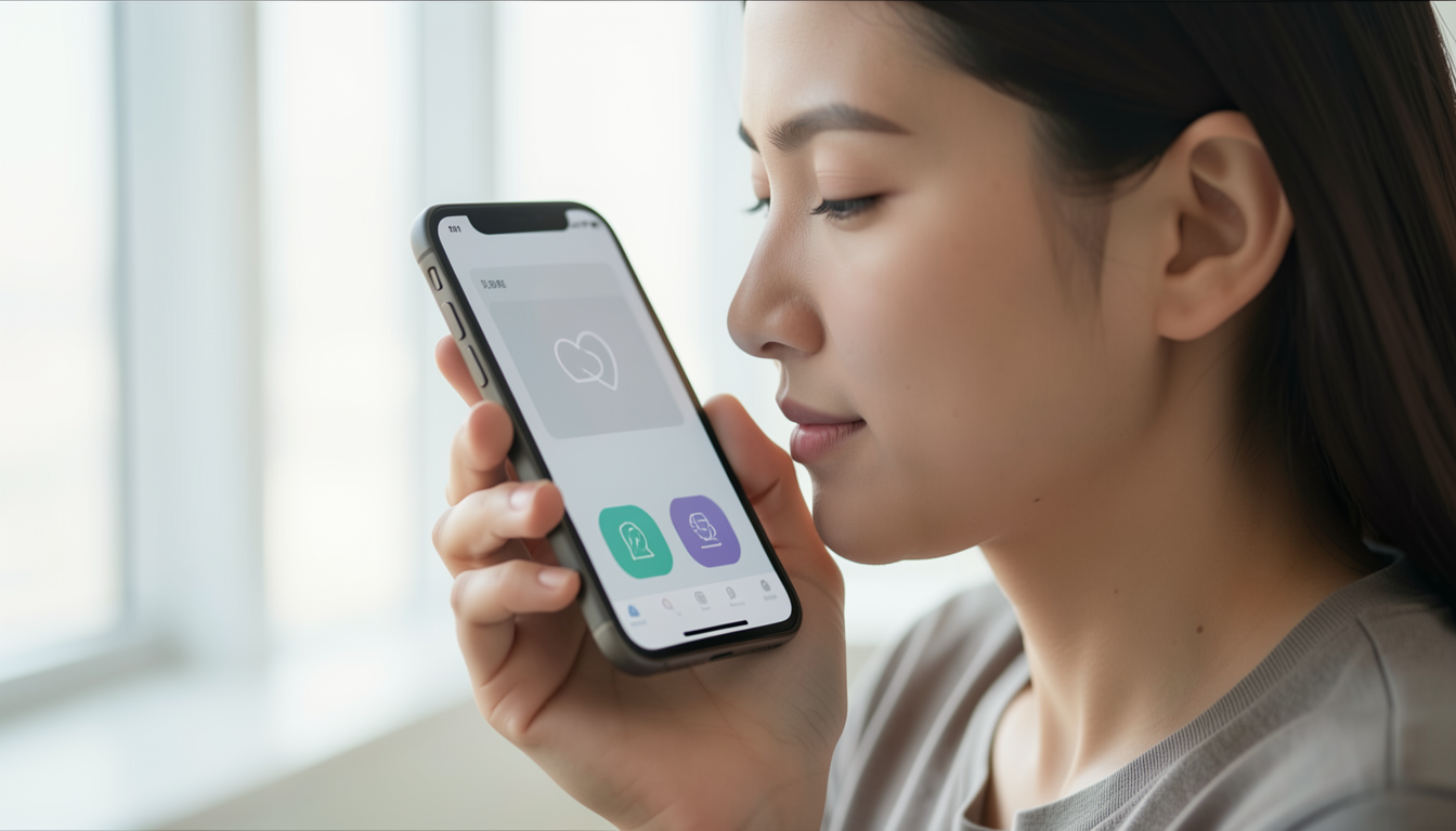 明るい部屋でスマホを顔に向けて持っている人のイメージ