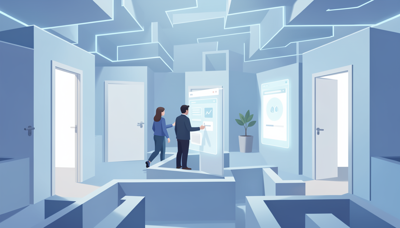 デジタルな迷路でどの扉を開くか選択している人物のイラスト