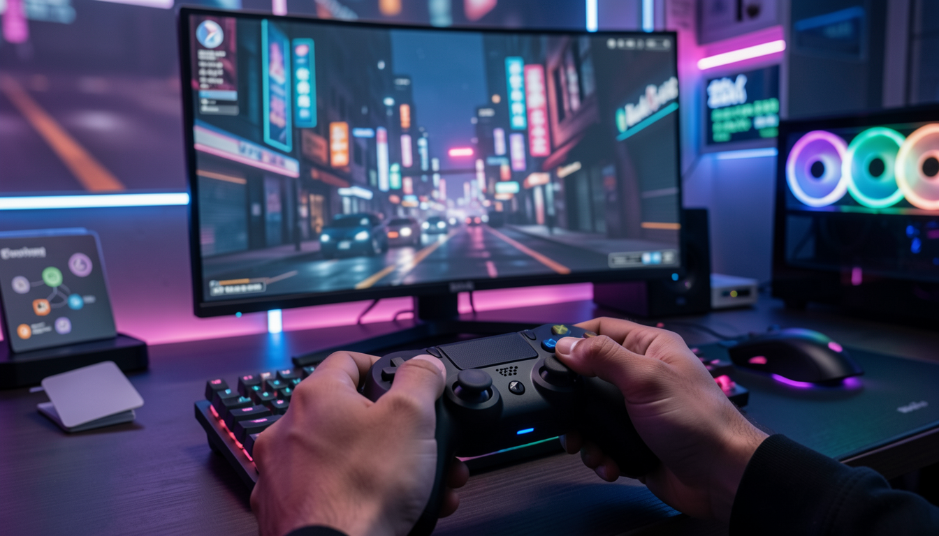 コントローラーを手に最新ゲームをプレイする様子