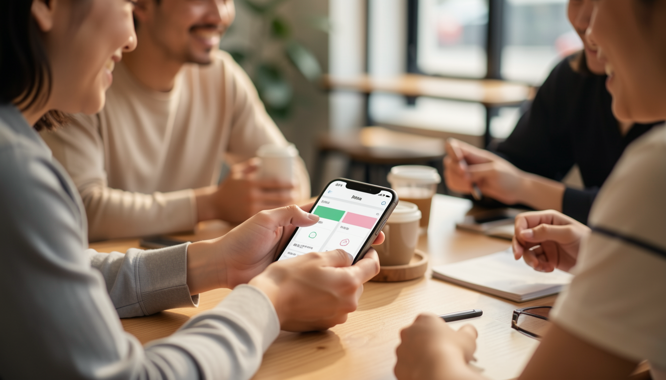 カフェのテーブルで友人とスマートフォンを使って割り勘計算をしているシーン