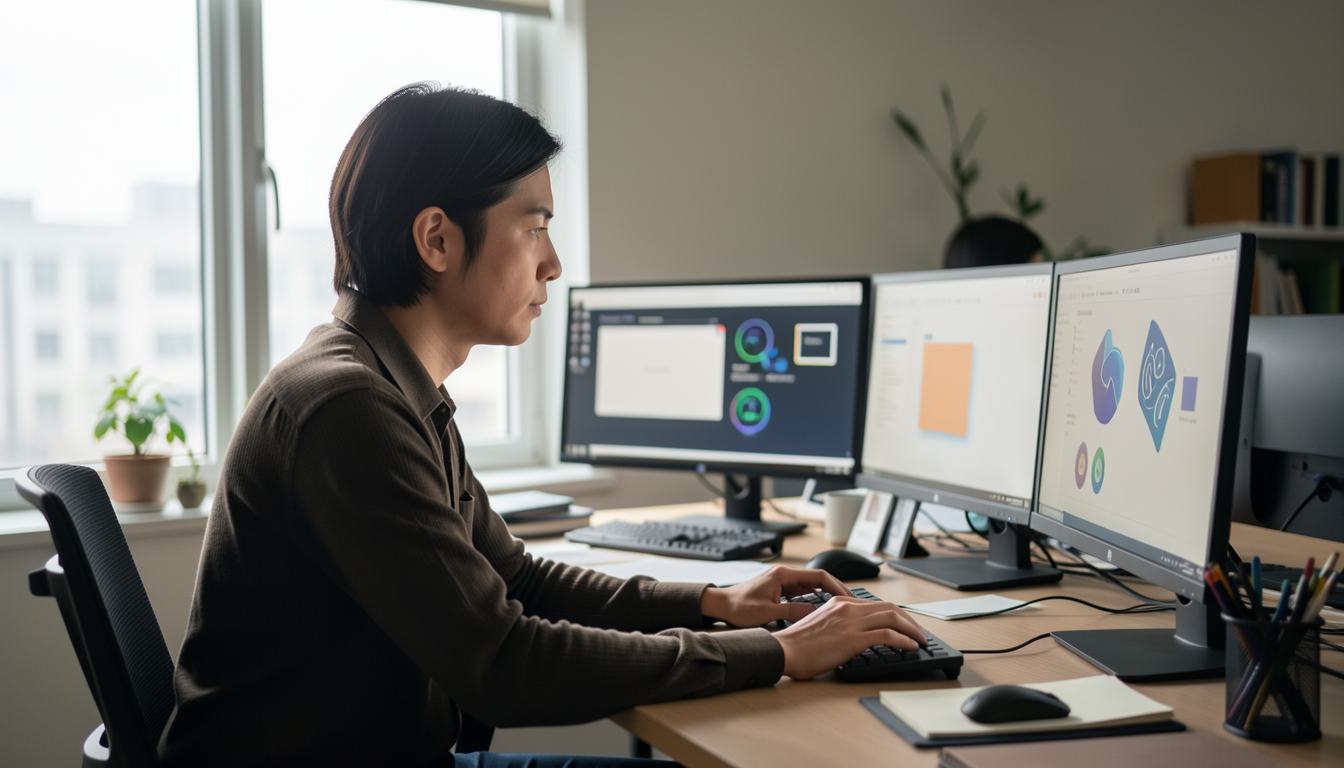 PCモニターに囲まれてAIの出力結果を真剣に確認する様子