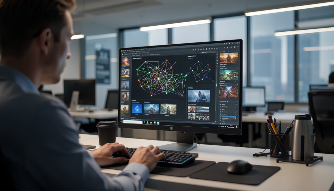AIを活用したゲーム開発環境で、ニューラルネットワークのグラフを見ながら作業する開発者のイメージ。