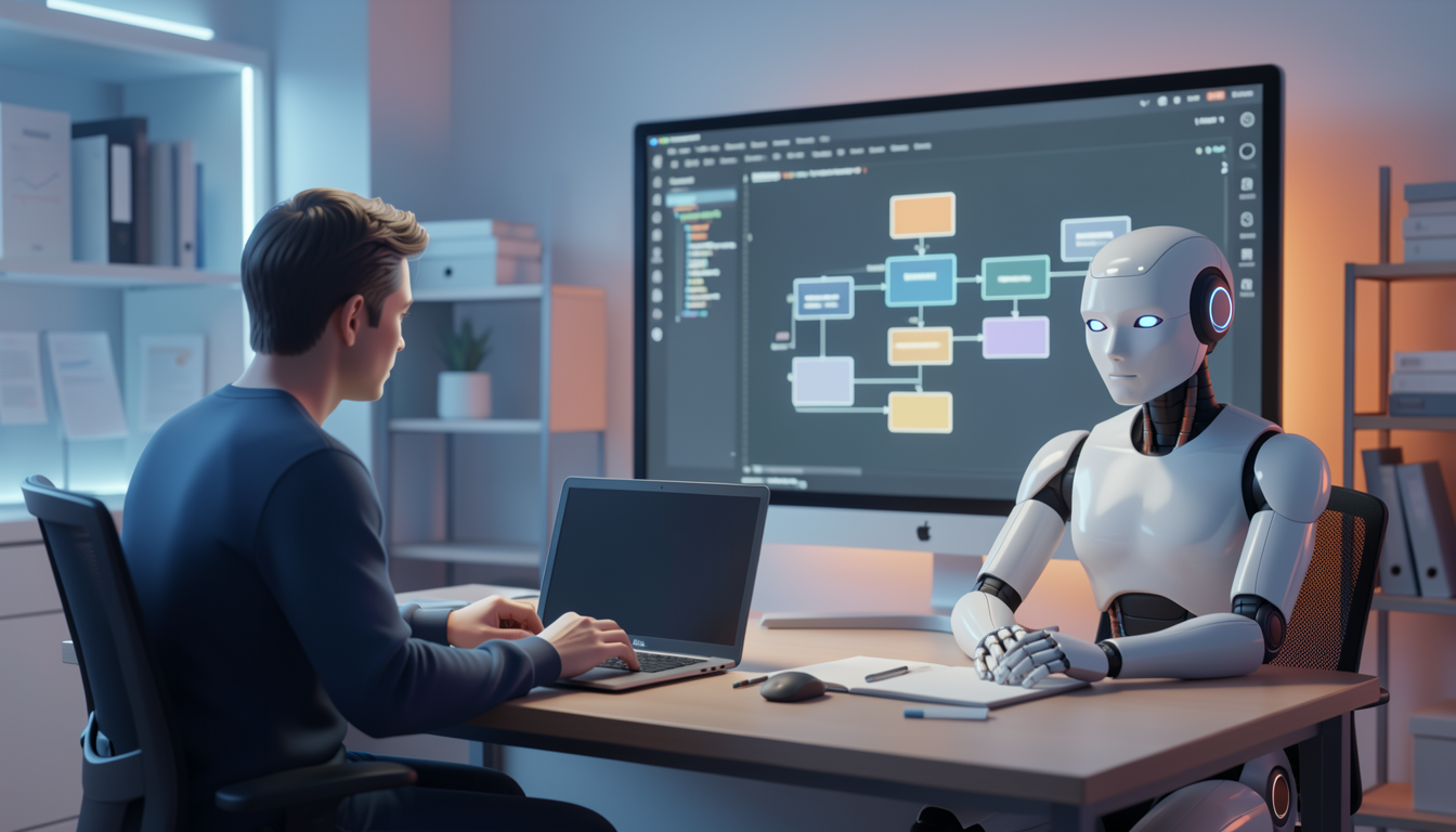 AIと人間が協力してプログラミング教材を開発している概念的なイラスト。