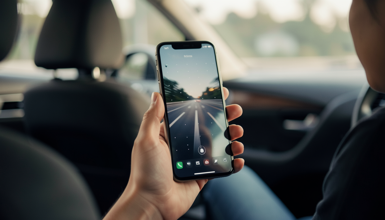 車内でiPhoneを操作する手のクローズアップと動くドット