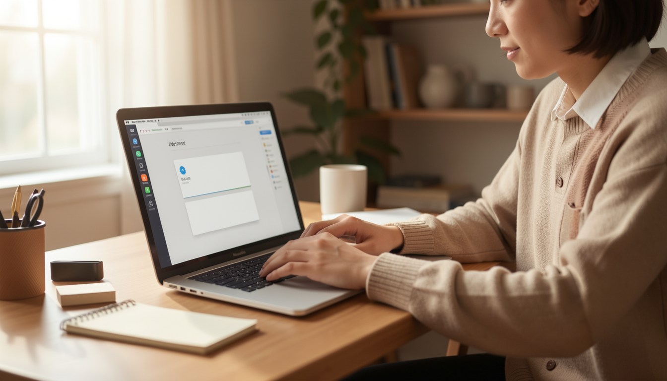 ホームオフィスで快適にMacBookを使って作業する人物