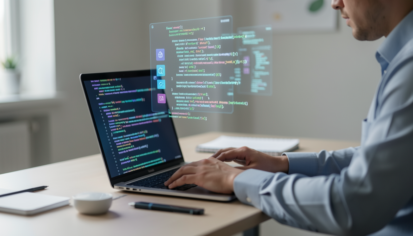 GitHub Copilotを活用してコードを書く開発者の手元とデスクトップ環境の様子
