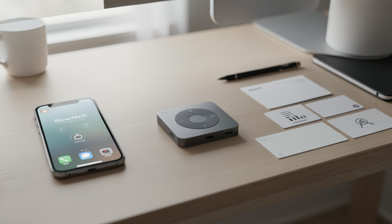 デスクの上でスマホを横に置き、iPodを中央に配置したSlowtechな風景