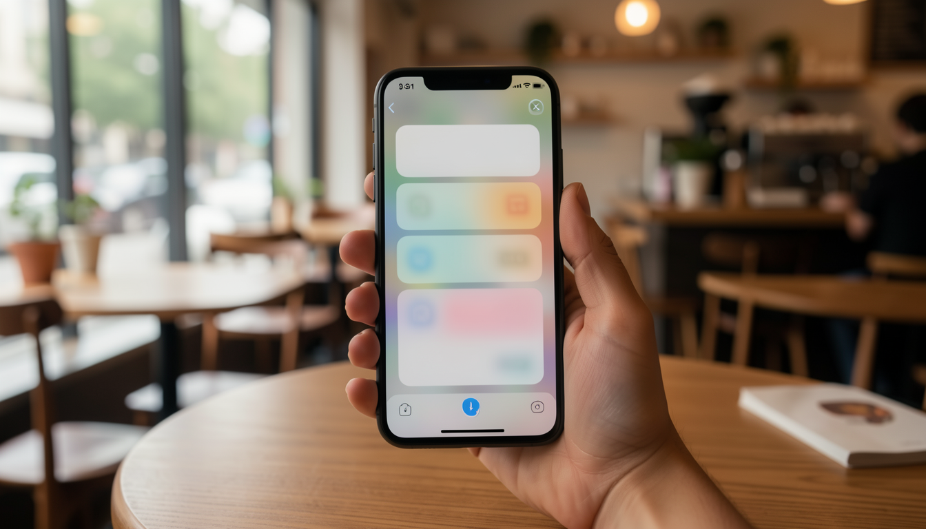 カフェでiPhoneを手にして通知を確認する人物、AI優先通知機能のイメージ