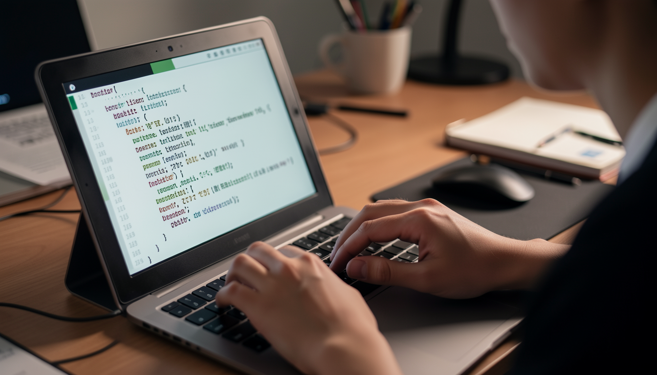 電子ペーパーモニターでコードを書くプログラマーの手元