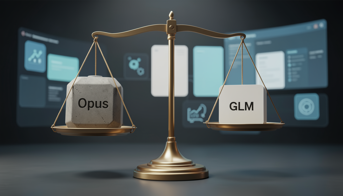 安定性のClaude Opusと効率性のGLM-5.2を天秤で比較する概念図