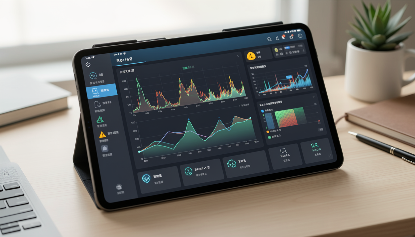 ルーターの通信監視画面で異常をチェックしているタブレットの様子