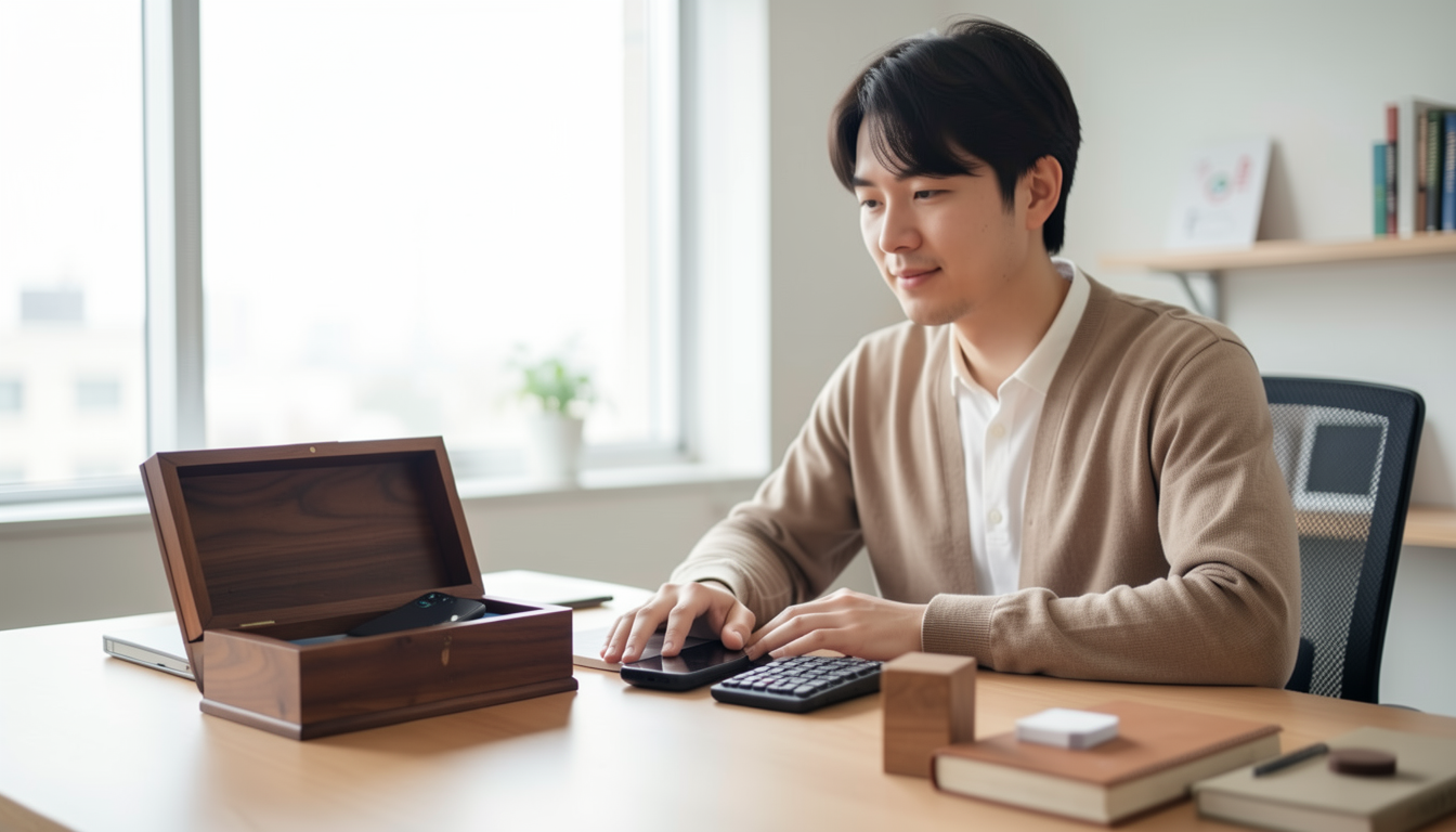 スマホを物理的にロックし、穏やかに作業に集中している人の様子