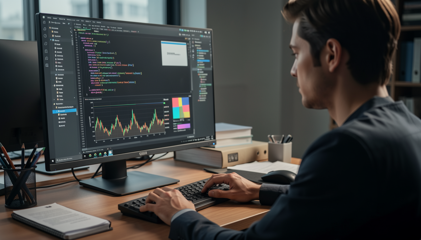 複雑なコードやデータチャートを表示した画面を見つめるプロフェッショナルな作業環境