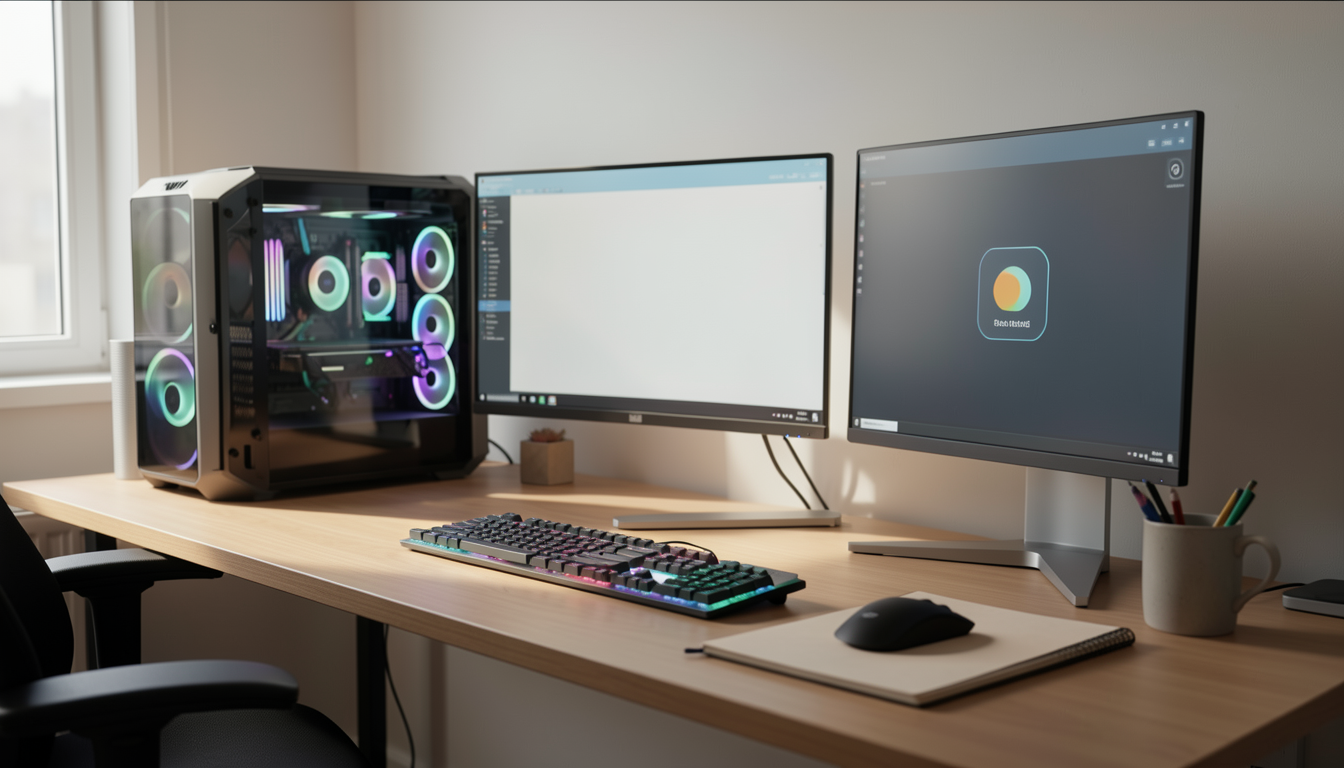 高性能なPCが並ぶモダンな開発環境のデスク風景