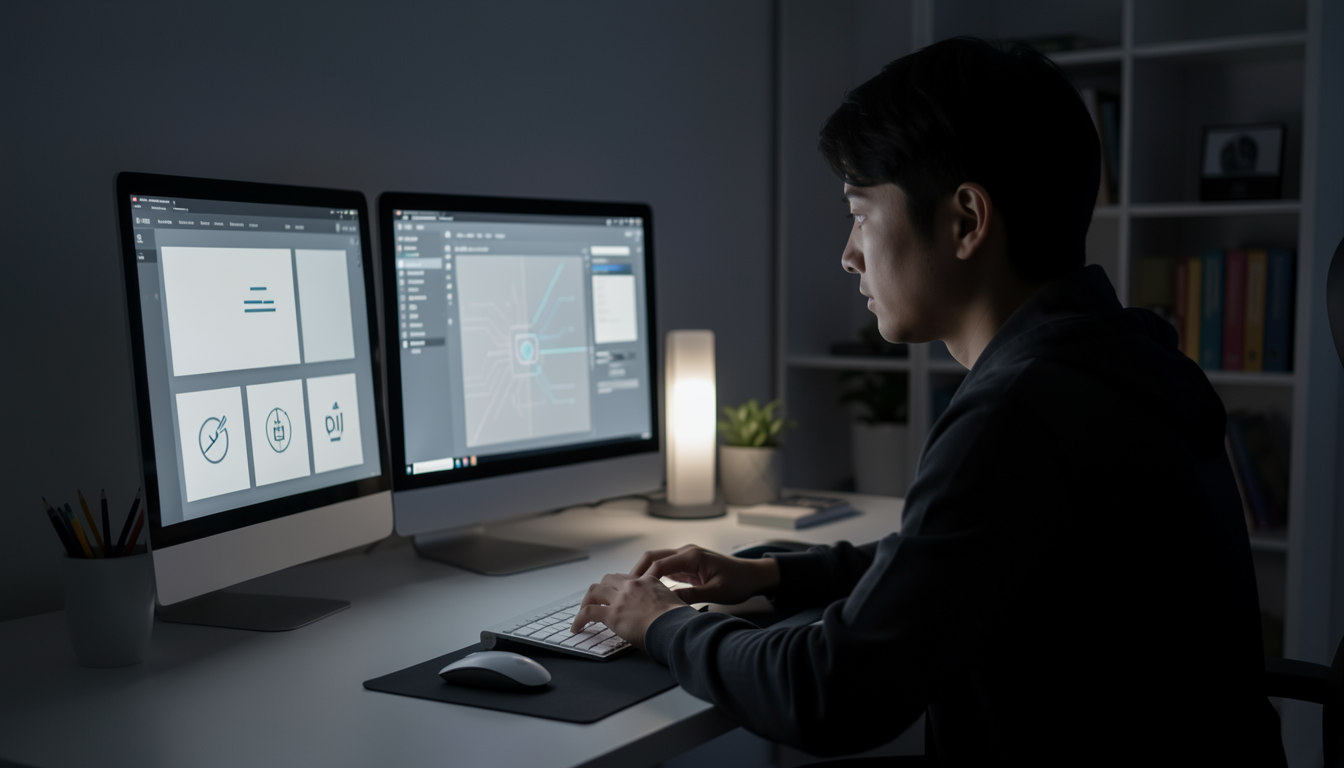 夜のPC作業風景でデジタル整理に集中する様子