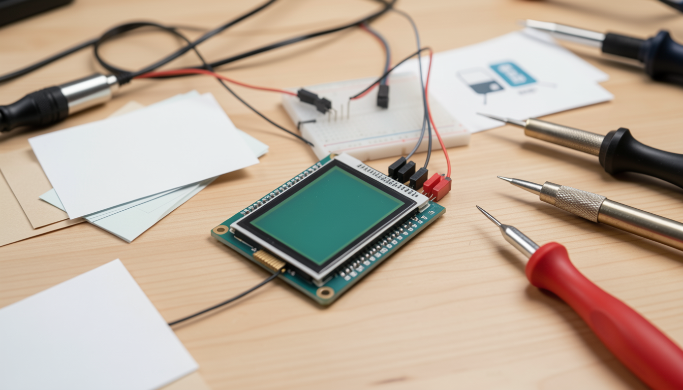 電子ペーパーディスプレイと工具が置かれたDIY用の作業デスク