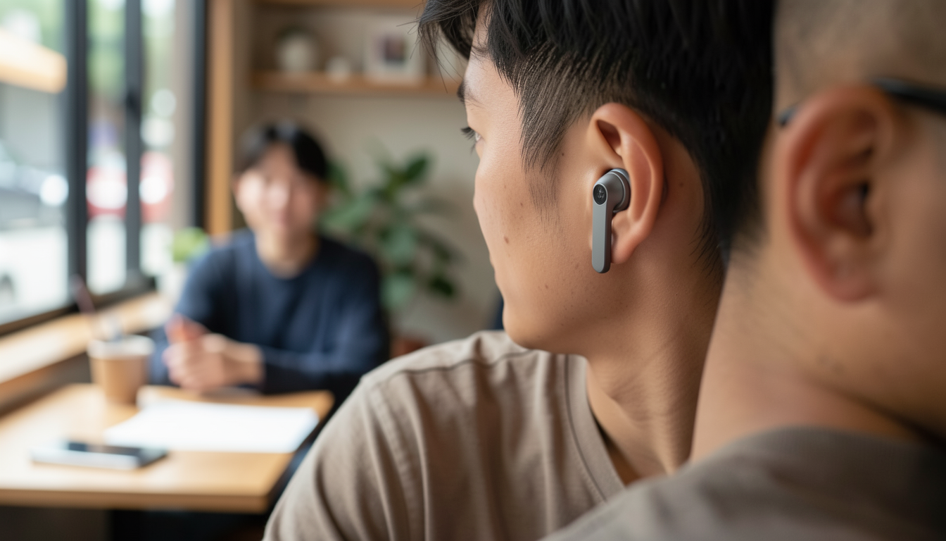 カフェでearUイヤホンを装着している人物のクローズアップ写真