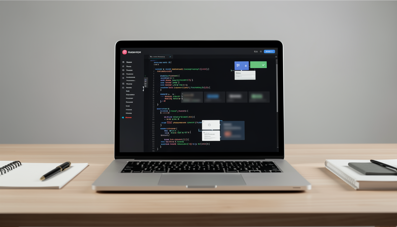 自動化ワークフローとプログラミングコードが表示されたモダンな作業環境