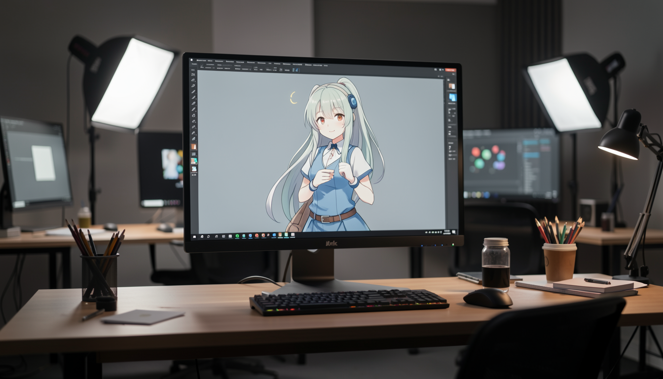 アニメキャラクターのデザインが表示されたクリエイティブな作業スペース