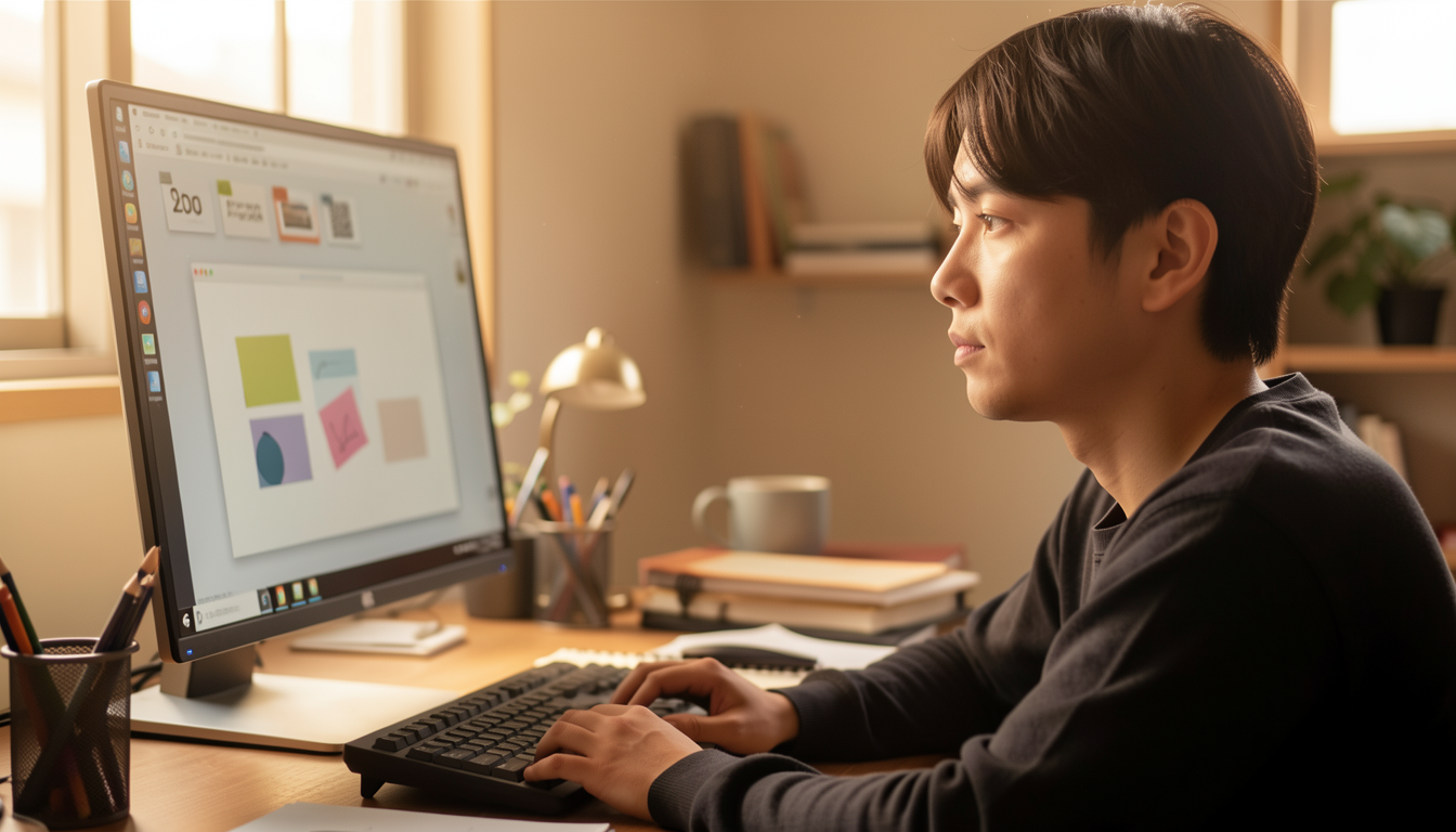 PC画面を眺めながら慎重に検討している自作PCユーザーの様子