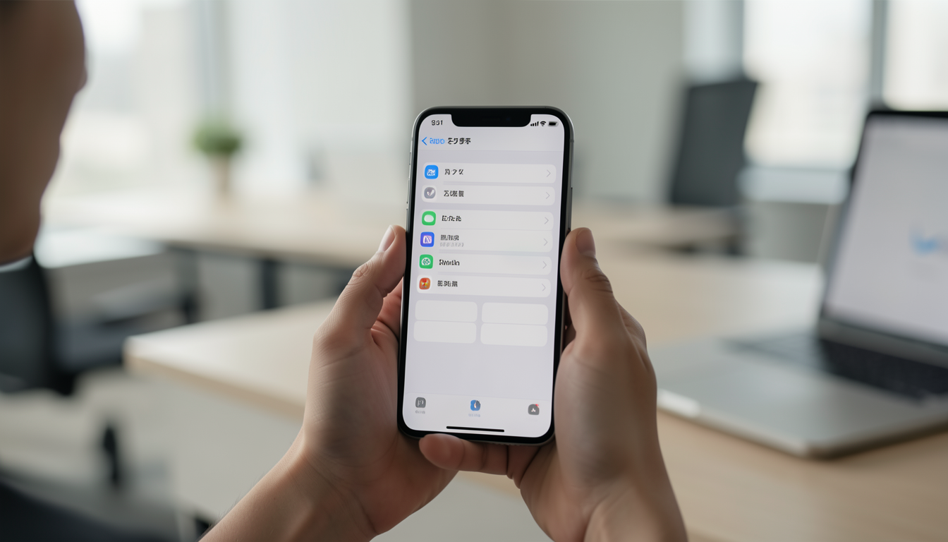 iPhoneの設定画面を見ているユーザーの様子。iOS 27のベータ版を試している作業風景。