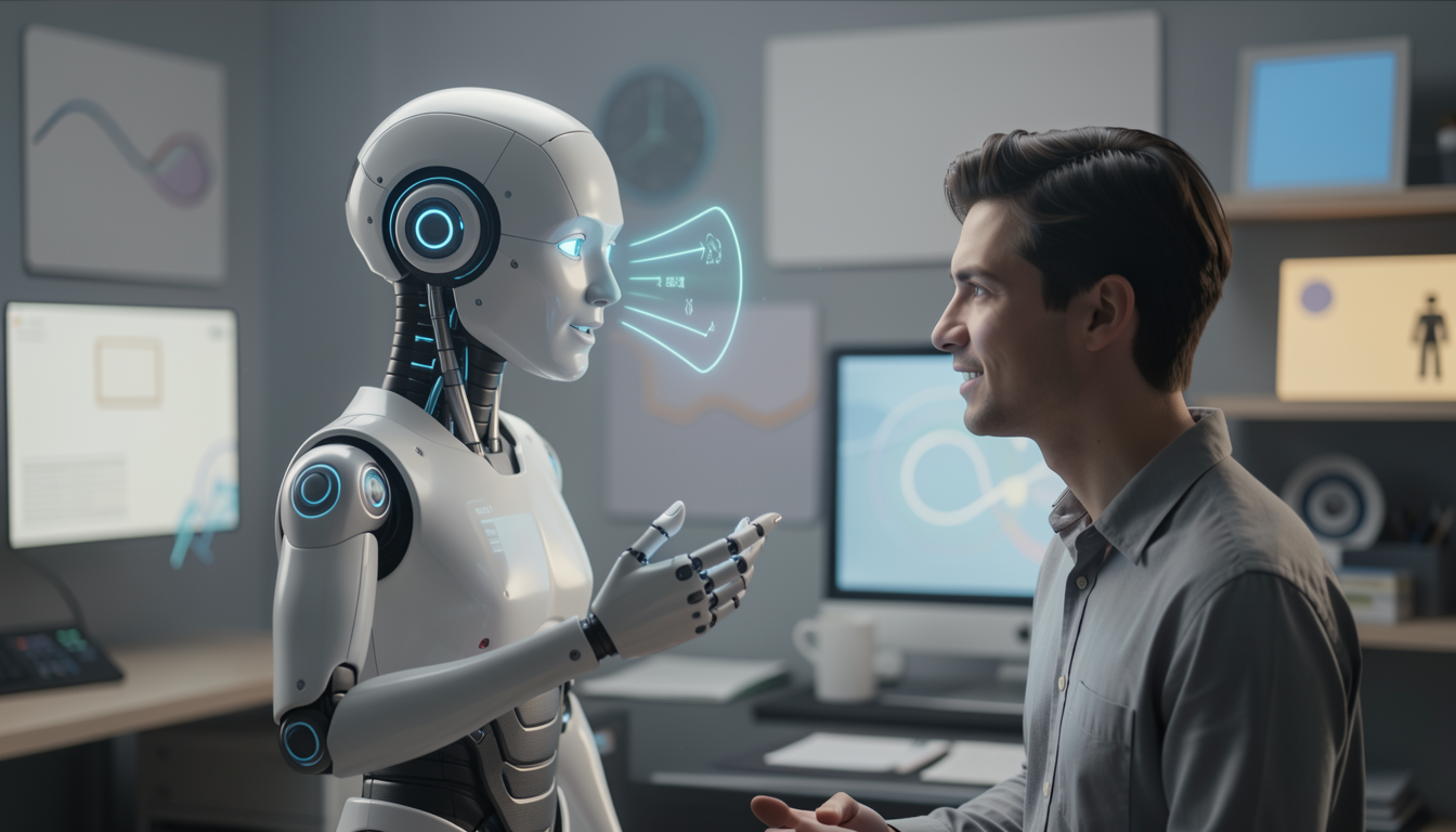 ロボットと人間が対話している様子を表現したコンセプチュアルアート。