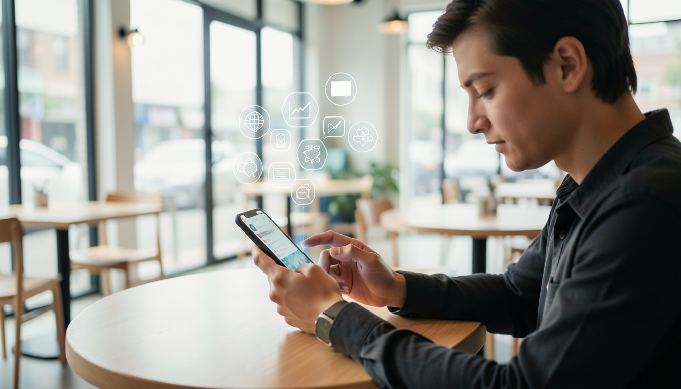 カフェでiPhoneを使いながら効率的に仕事をする様子を表現したイメージ