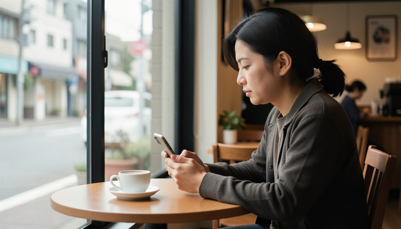 カフェの窓際でスマートフォンを持たずに落ち着いて過ごす人物