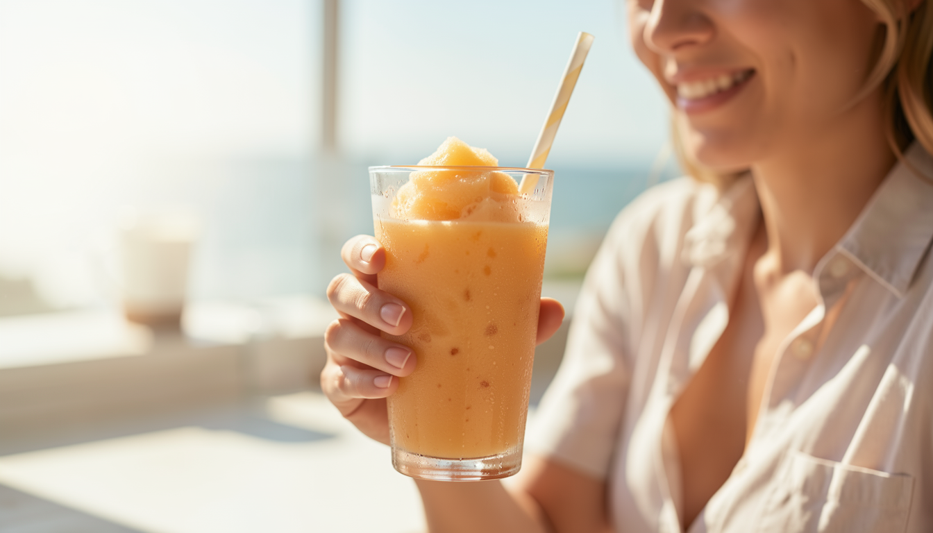 夏の暑い日に手に持った冷たくて美味しそうなフローズンドリンク