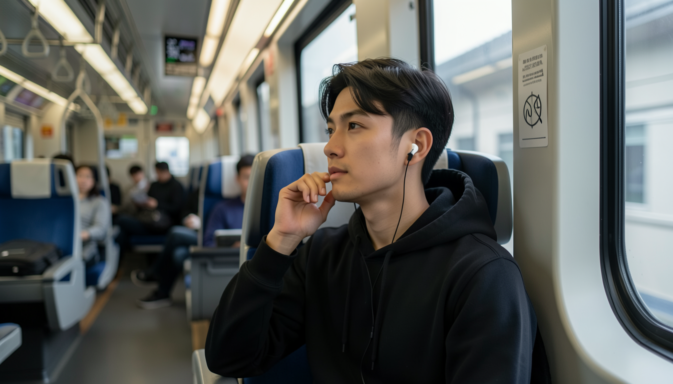 電車内でワイヤレスイヤホンを使用してリラックスしている人
