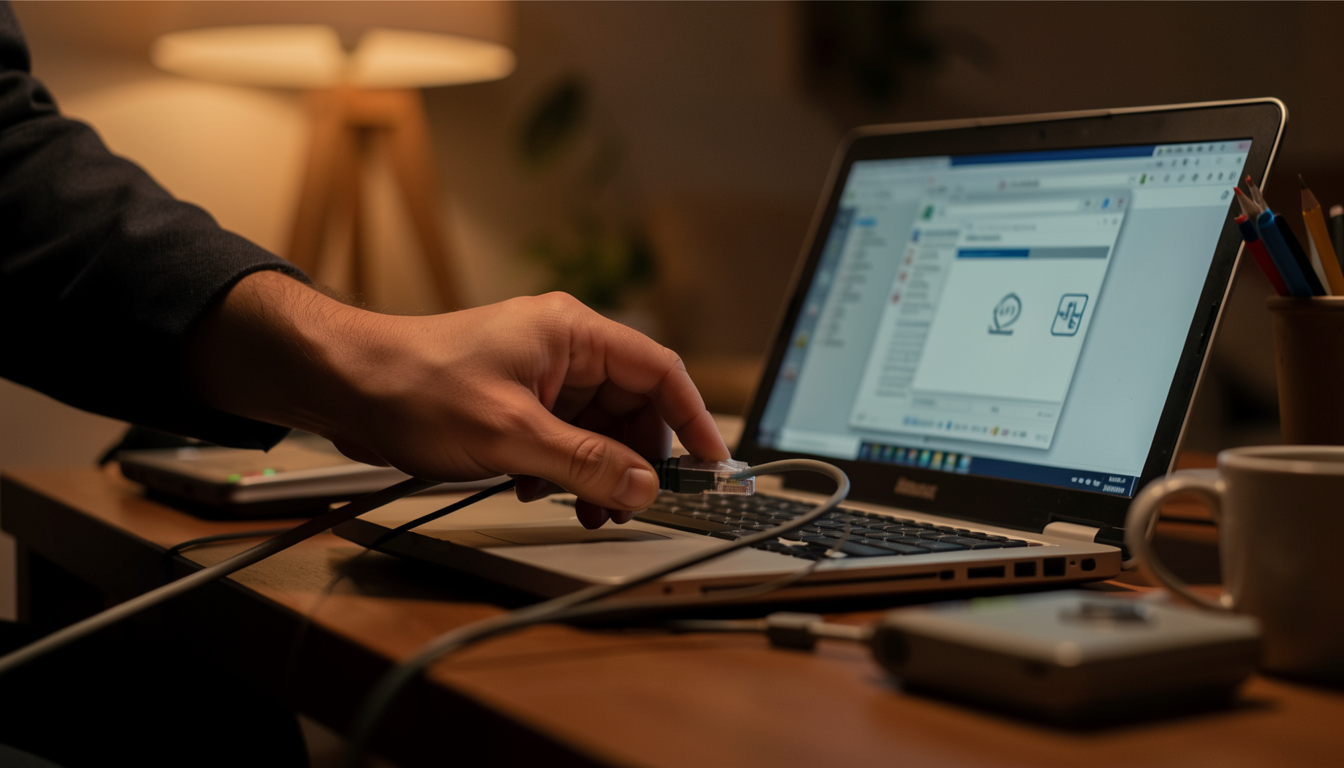 古いノートPCにLANケーブルを接続し、分散ネットワークを構築しようとしている手元の様子