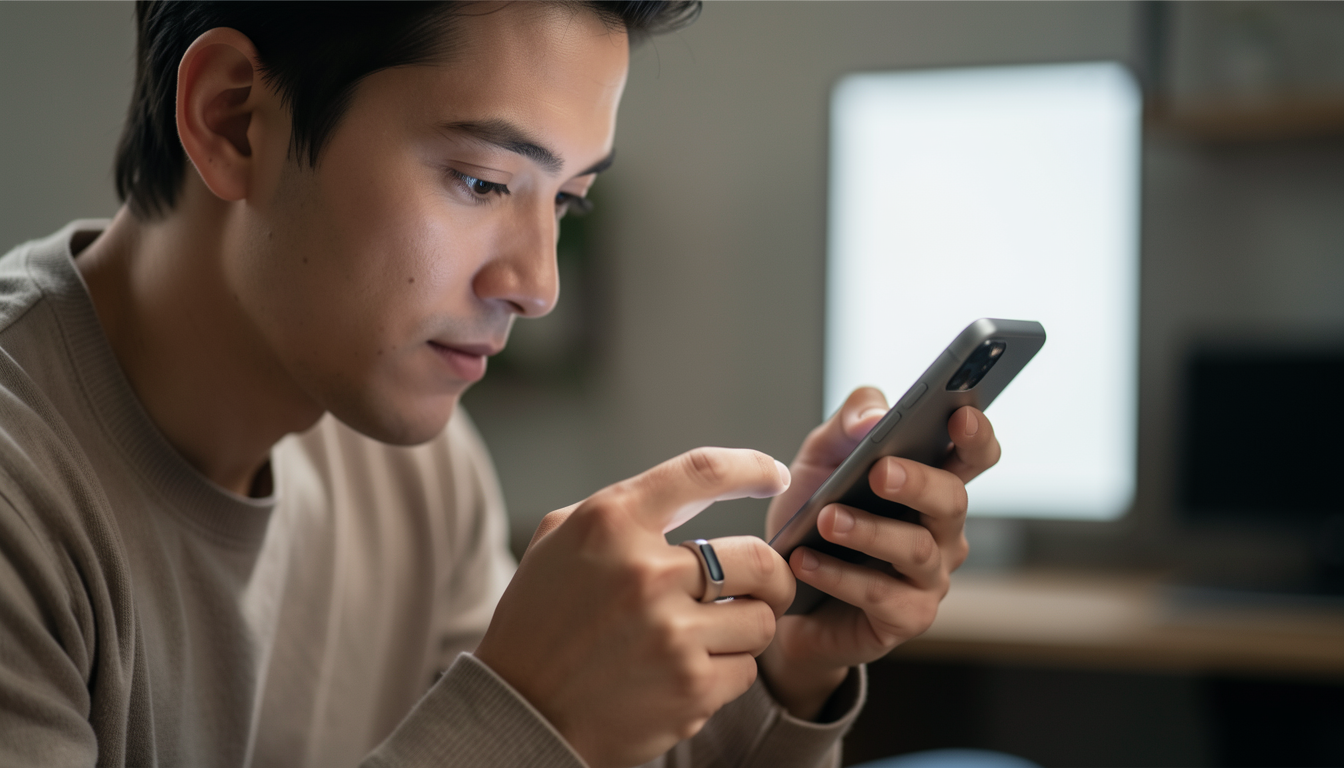 スマートリングを指にはめて悩みつつも冷静に確認する人物の様子