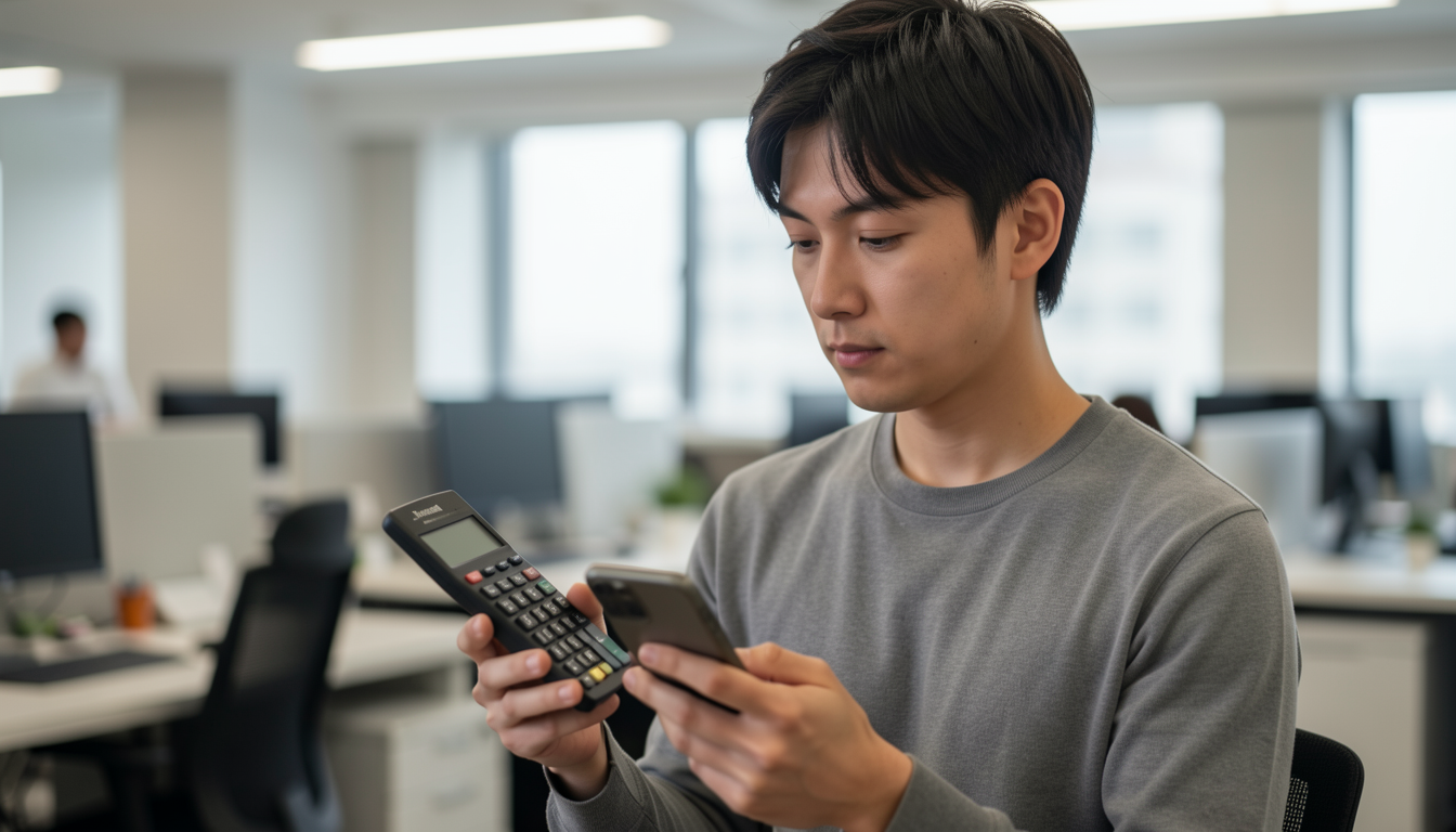 スマートフォンと計算機を前にして購入を検討する様子