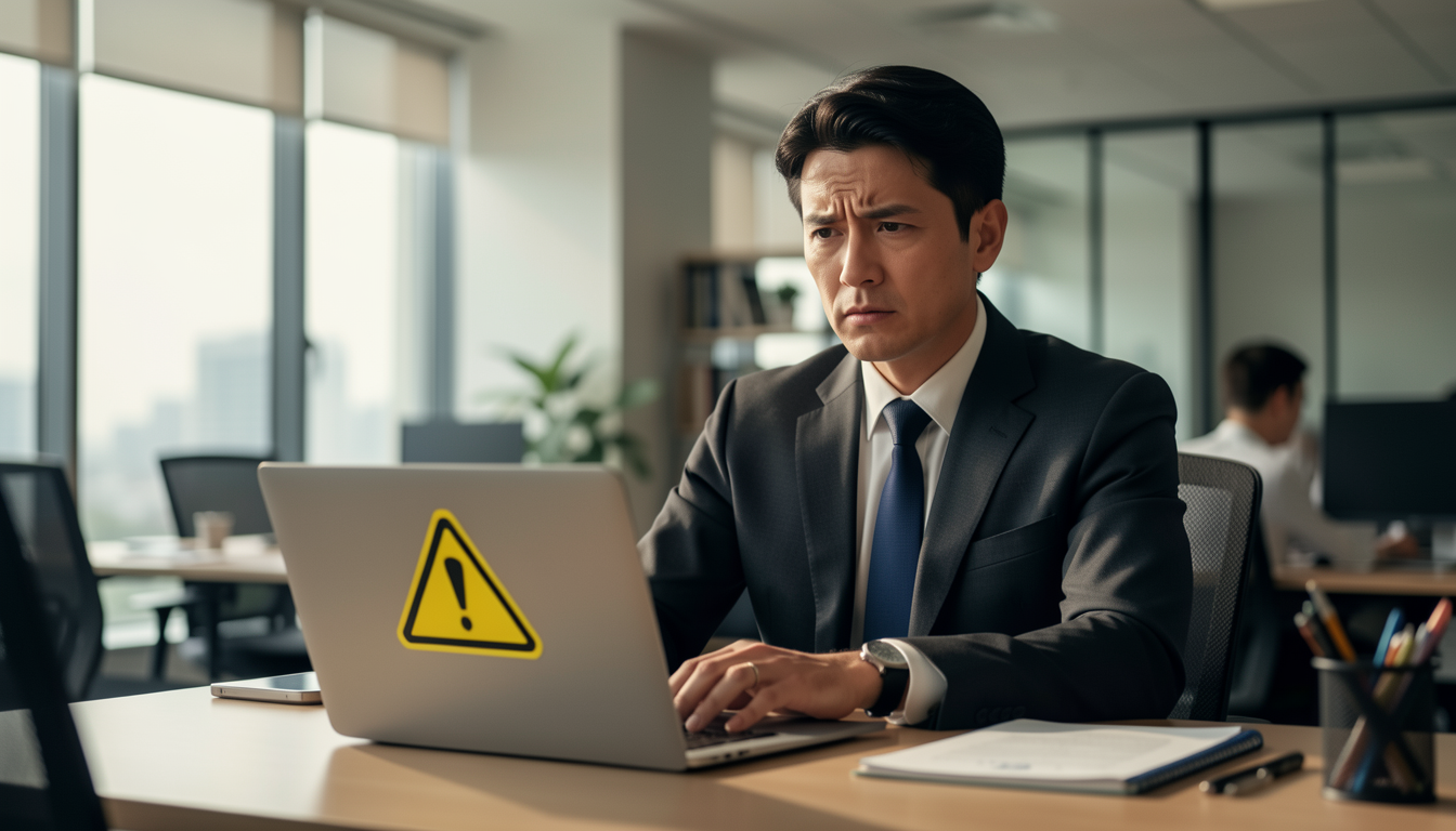 ノートパソコンの画面に表示された警告に不安を感じている人のイメージ