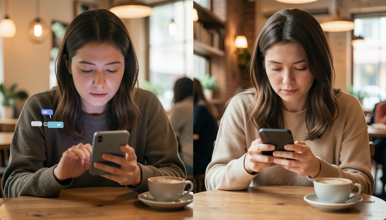 スマホの通知に邪魔される様子と、Xteink X4 Proで落ち着いて読書をする様子の比較