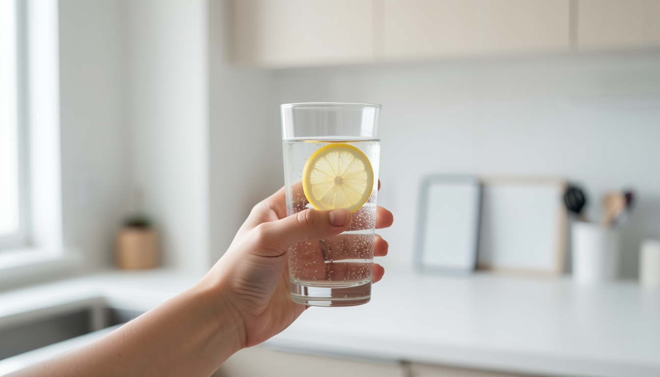 レモンを入れた炭酸水を持つ手、キッチンにて