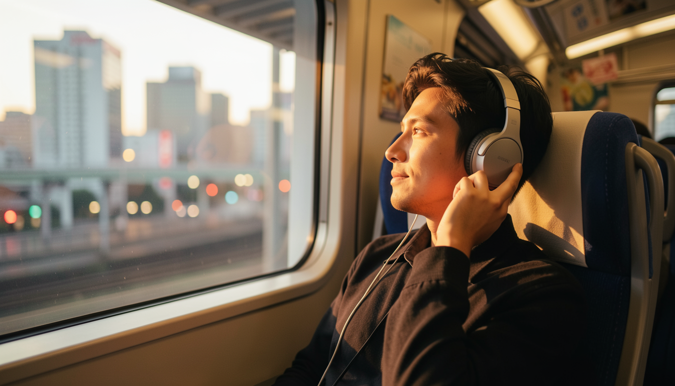 通勤中の電車内でヘッドホンを装着し音声学習をする様子