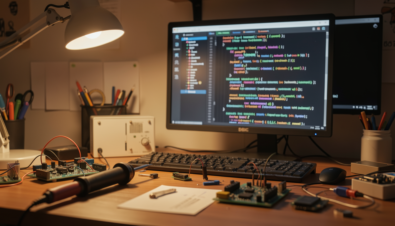 電子工作を行う作業机とコードが表示されたPC画面