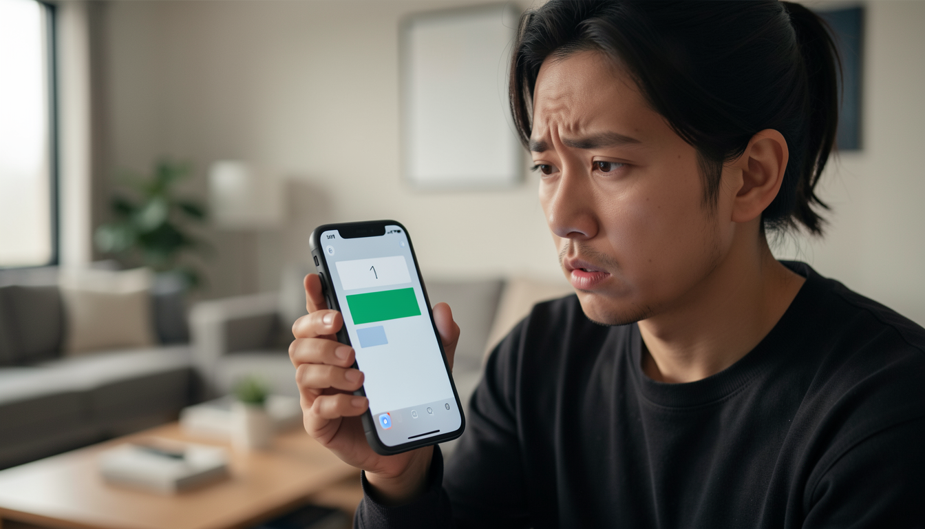 iPhoneの画面を見て不安そうな表情を浮かべる人の様子