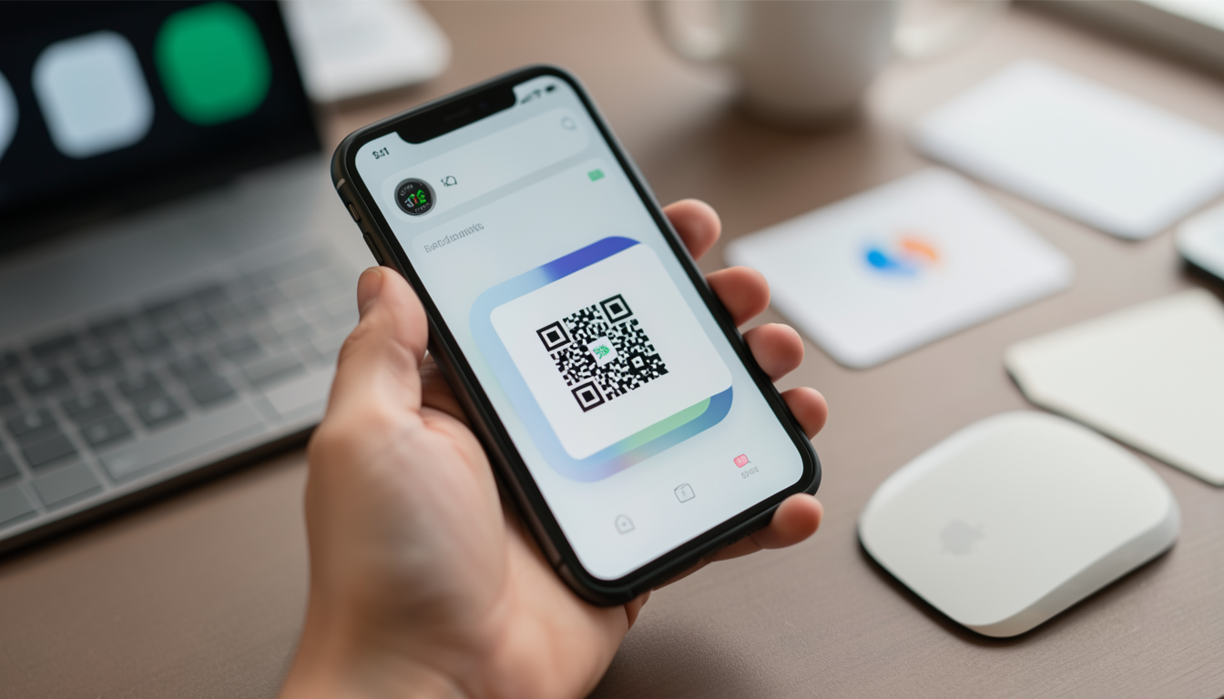 スマートフォンの画面に表示されたQRコードを読み取る様子