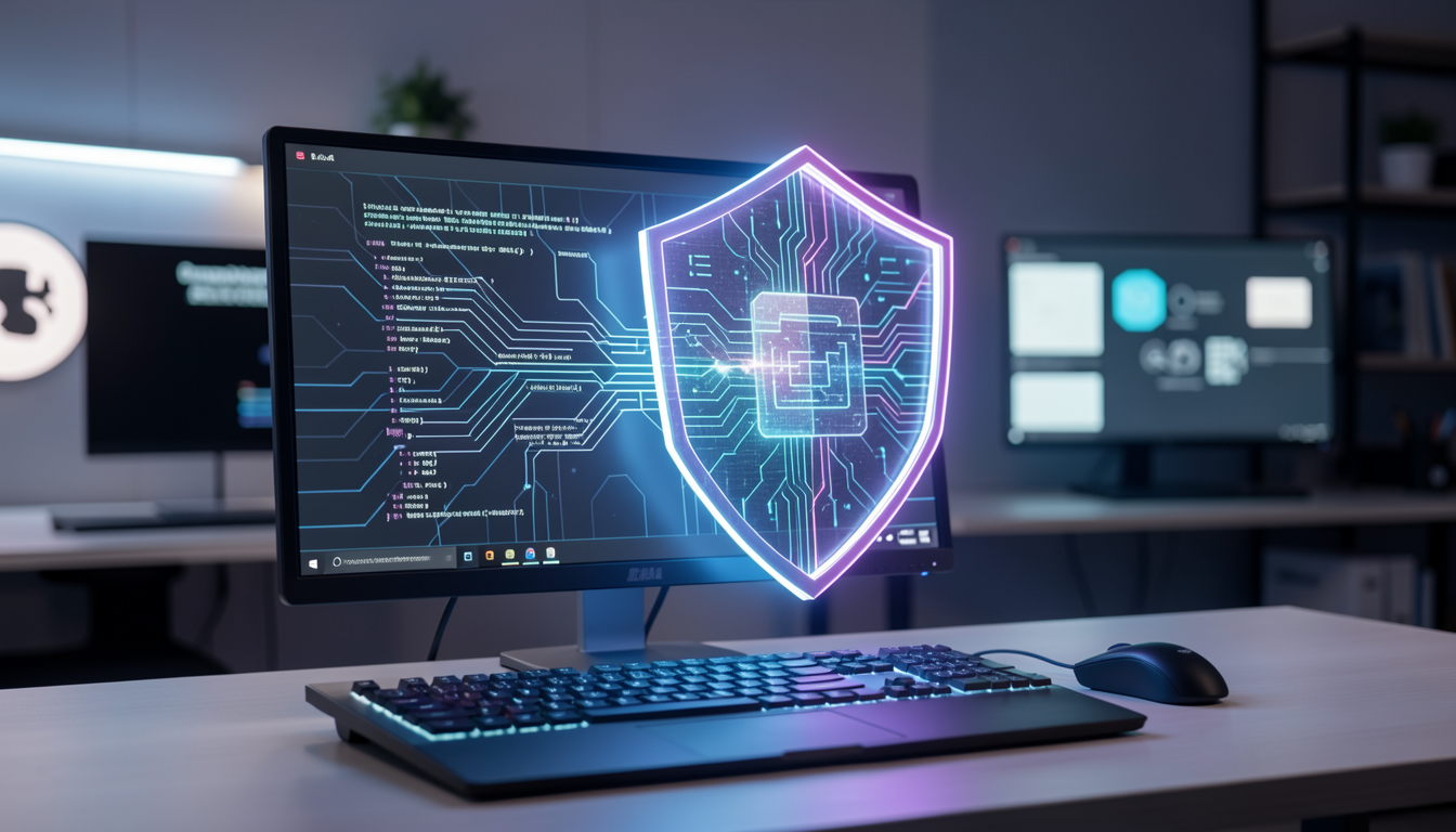 PCをデジタルシールドで保護し、悪意あるコードを防御する様子を表したイメージ