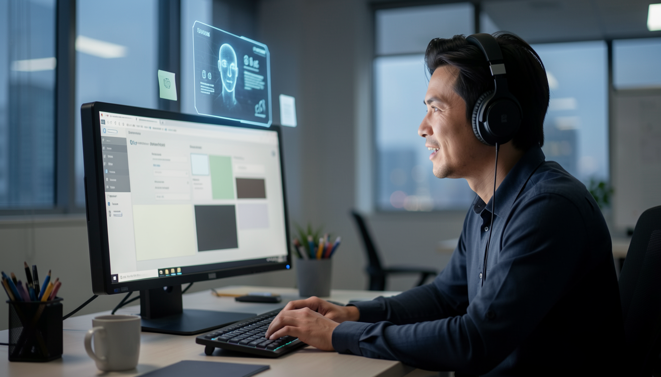 ヘッドセットを装着してAIと音声で対話しながらPC作業をする様子