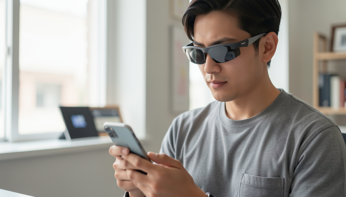 スマートグラスを着用しながらスマートフォンを操作する様子